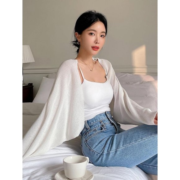 Women Knit Bolero Shrug Long Sleeve Cropped Cardigan Mesh Sweater - Picture 3 of 5